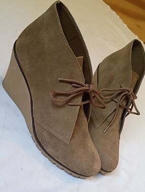 Kelsi Dagger Suede Lace-Up Wedge Booties in Taupe